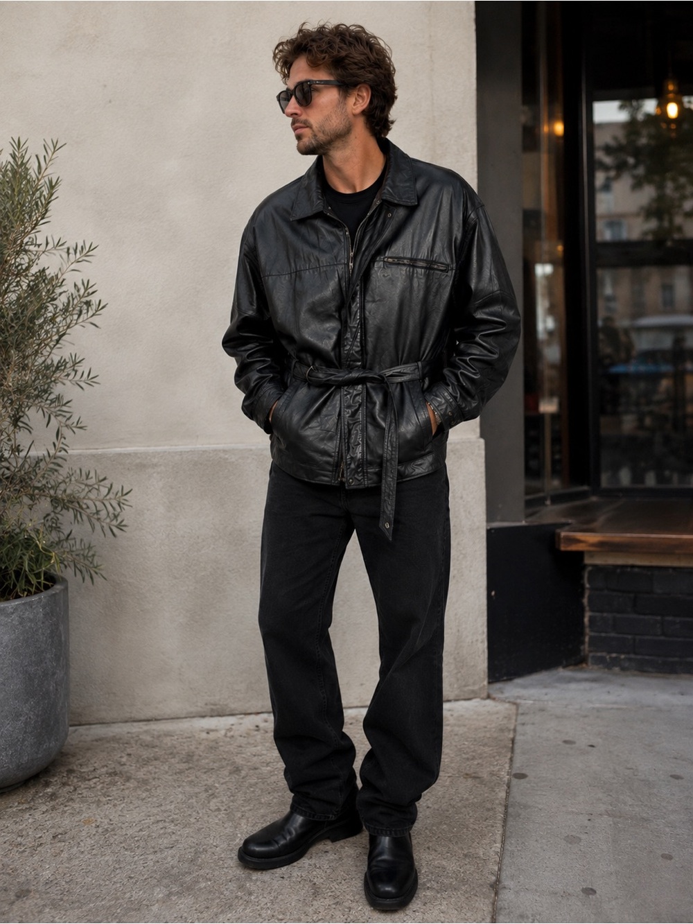 WILSONS vintage 1990s leather jacket car coat 2XLT black BELTED trench coat